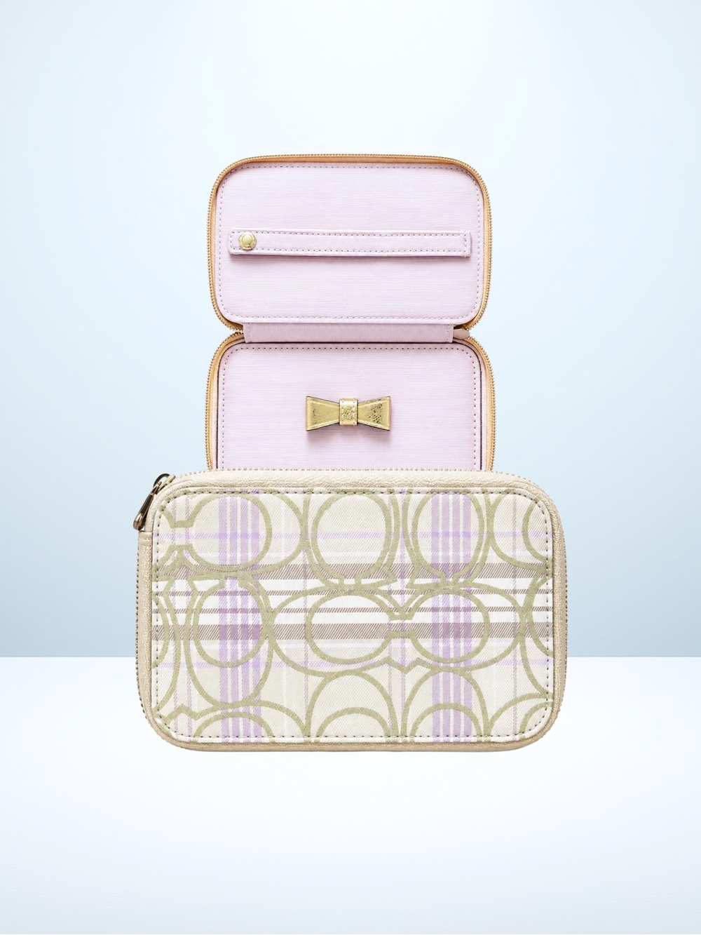 COACH Madras Jewelry Box, NWT Plaid Lavender Cream Gold